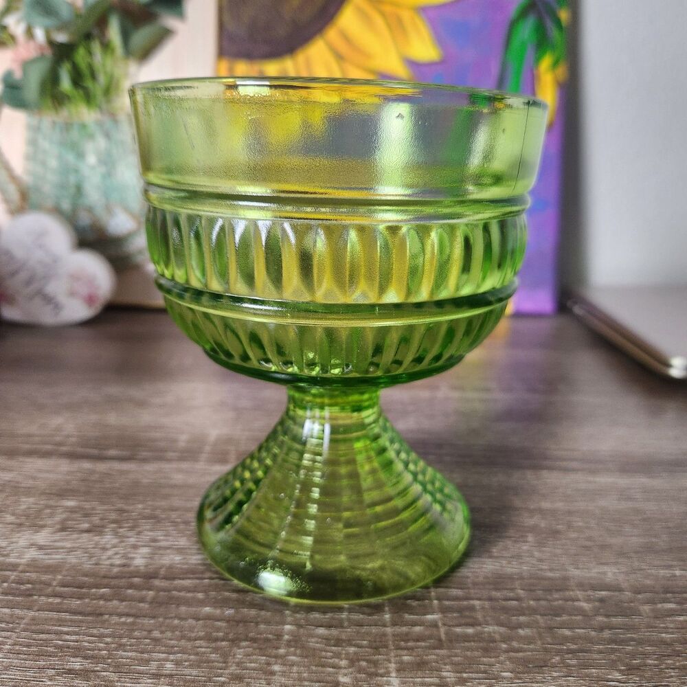 Vintage Ribbed Green Glass Compote Bowl Candy Dish Pedestal Footed Decor